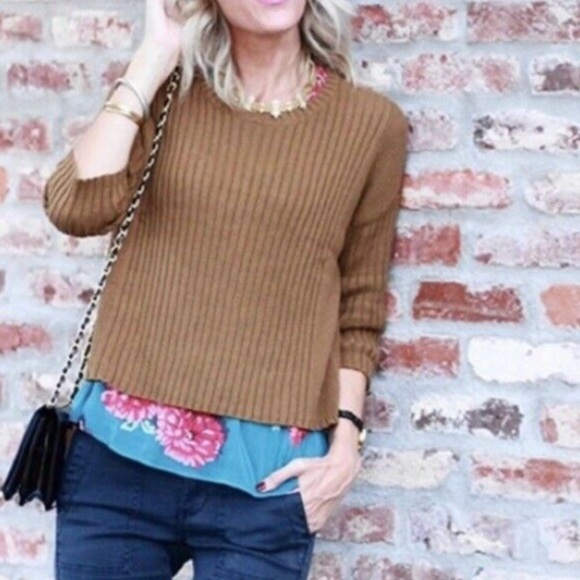 CAbi Mustard Brown Luna Pullover Ribbed Chunky Boxy Crop Sweater Size XS - Picture 2 of 12